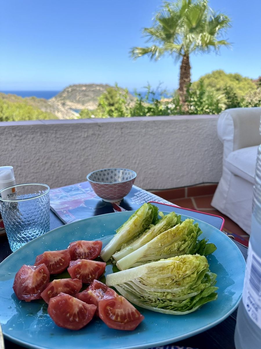Salade sur la table de la terrasse, avec le palmier et la mer derrière