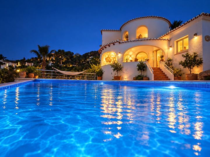 La maison illuminée de nuit, vue depuis la piscine