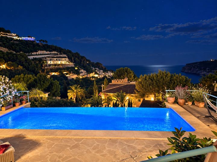 La piscine illuminée de nuit, avec la mer au fond